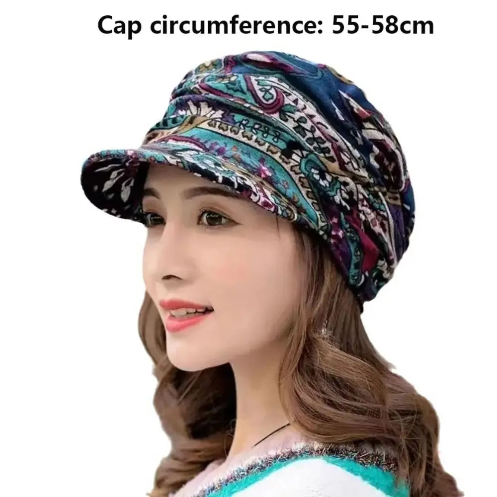 Women's Short Brim Floral Beanie Hat – Polyester Winter Cap