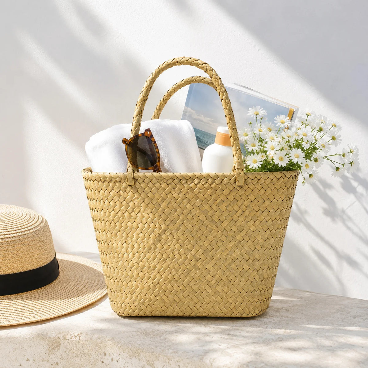 Handmade Rope Woven Beach Tote Bag | Nylon Bead Basket Bag