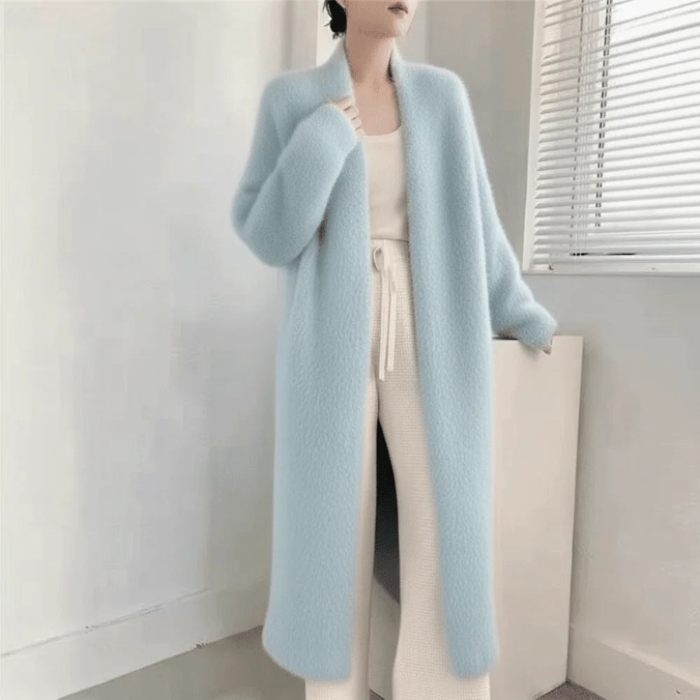 Women's Long Fuzzy Open Front Cardigan – Cozy Knit Coat