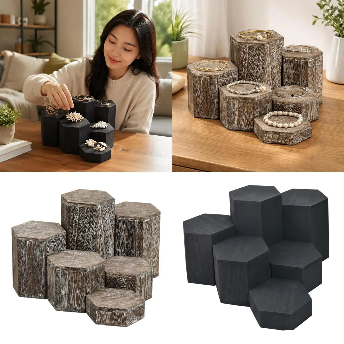 6-Piece Wooden Hexagon Display Risers – Jewelry & Buffet Stand