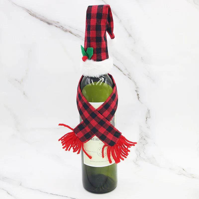 Christmas Plaid Wine Bottle Cover – Mini Scarf & Hat Set