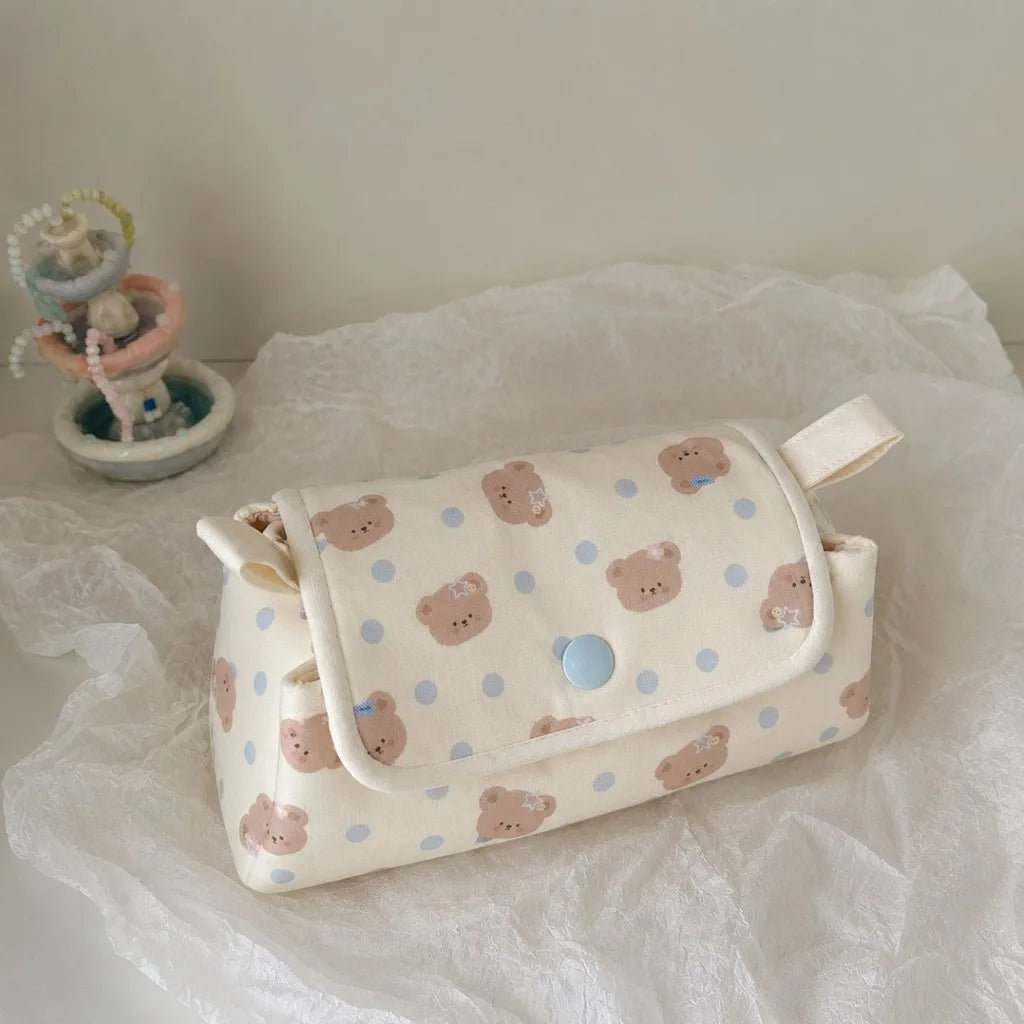Three-Layer Cotton Pencil Case – Bear Polka Dot Student Pouch