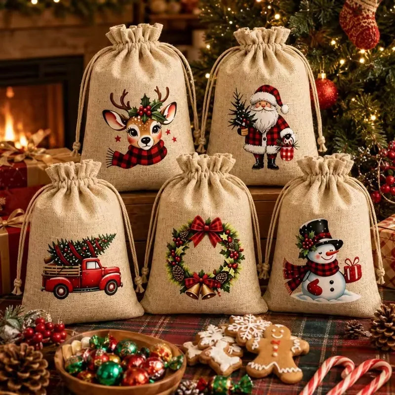 Christmas Burlap Drawstring Gift Bags – 5/12 Pack, 5 Designs