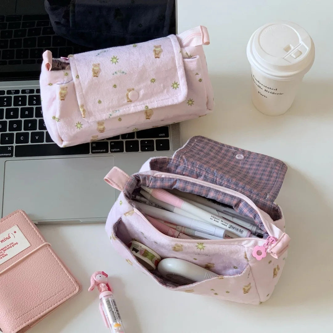 Three-Layer Cotton Pencil Case – Bear Polka Dot Student Pouch