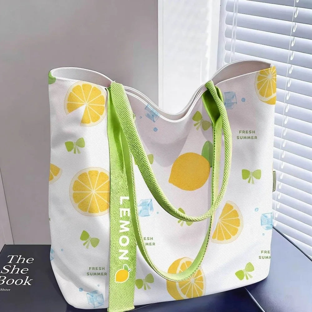 Floral & Lemon Canvas Tote Bag – Large Open-Top Shoulder Bag