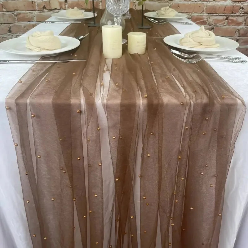 White Pearl Tulle Mesh Table Runner – Wedding & Party Décor