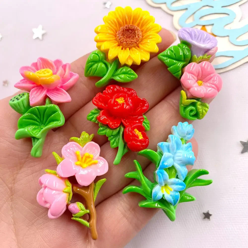 10PCS Resin Flatback Flower Figurines | Kawaii DIY Craft Decor