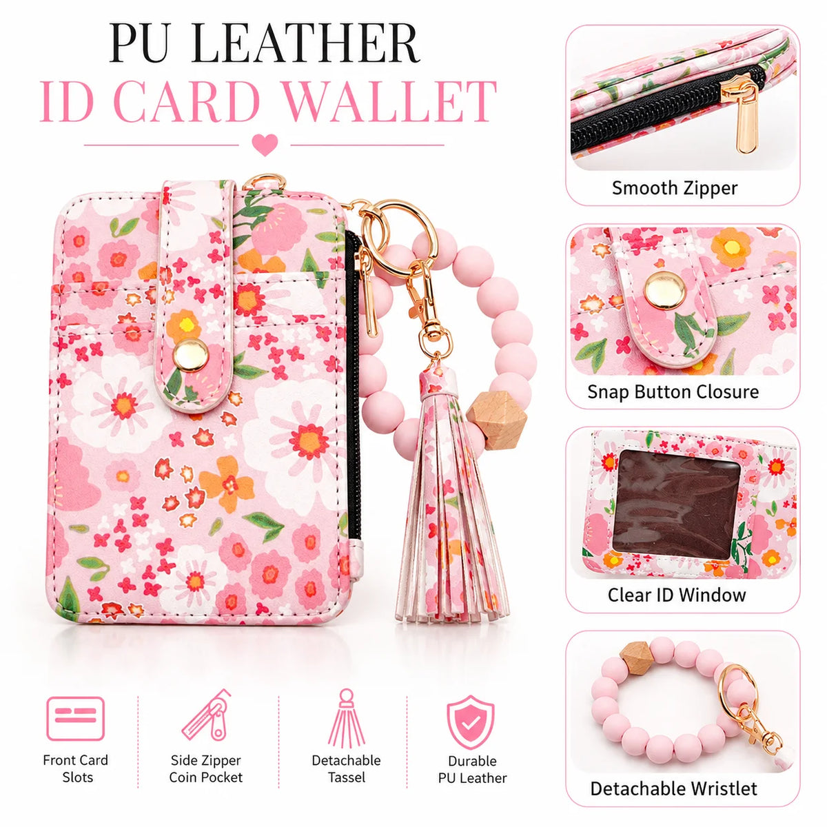 Floral PU Leather ID Card Wallet & Beaded Wristlet for Women