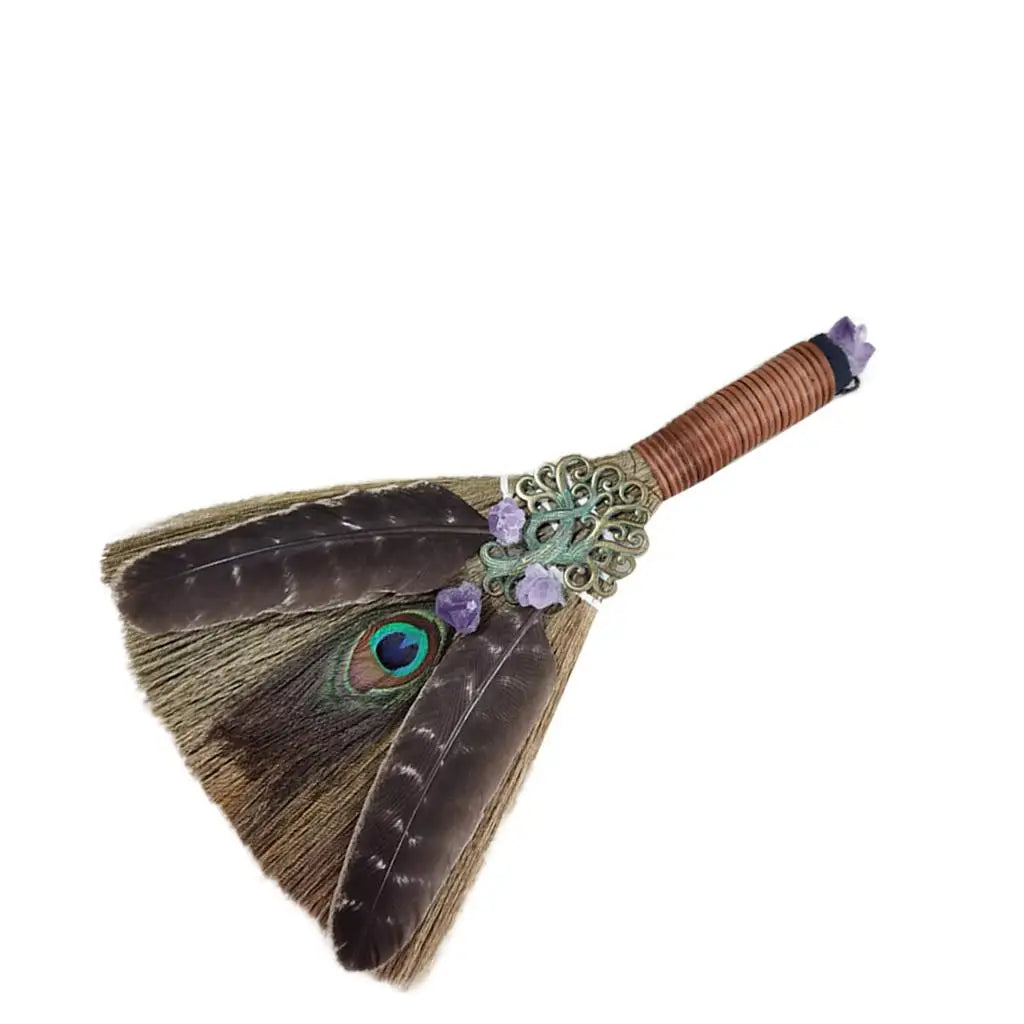 Wicca Witch Broom Altar Decor – Amethyst & Feather Wall Hanging