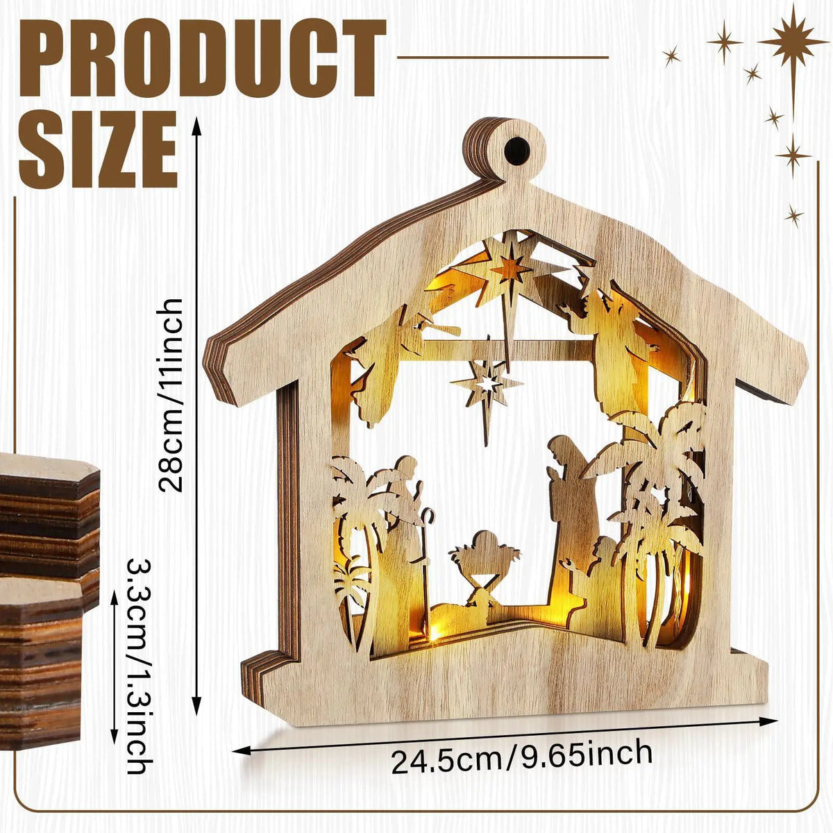 Wooden Nativity Scene Ornament with Warm LED Light | Christmas