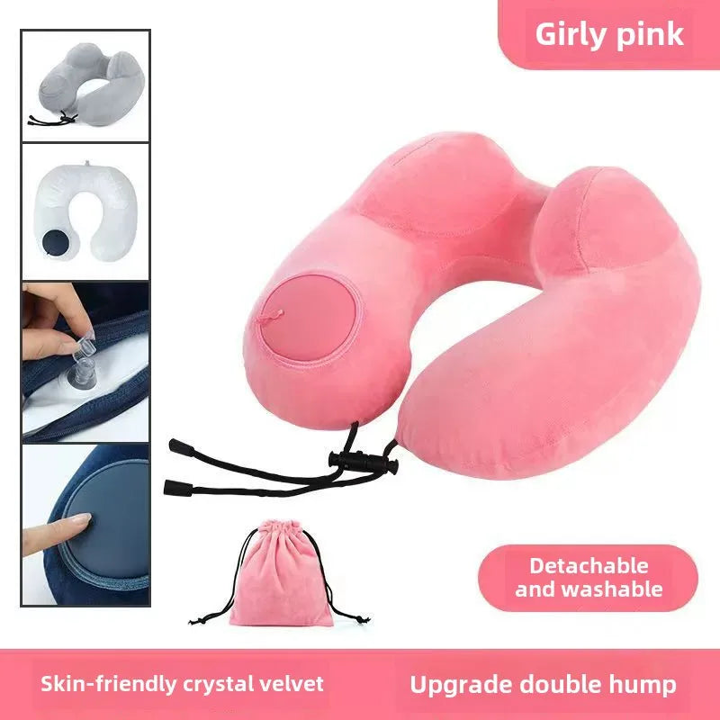 Inflatable U-Shape Travel Neck Pillow with Plush Cover & Bag
