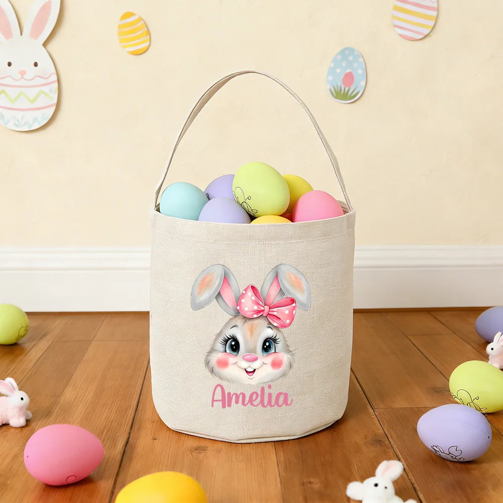 Personalized Easter Basket Bunny Bag – Custom Name Linen Tote