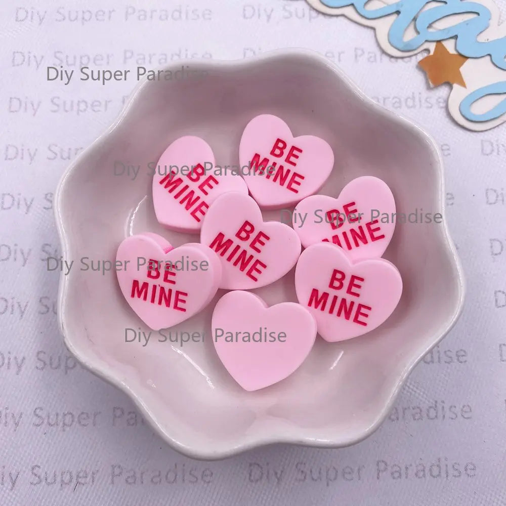 Resin Heart "BE MINE" Flat Back Cabochons – 10pcs DIY Crafts
