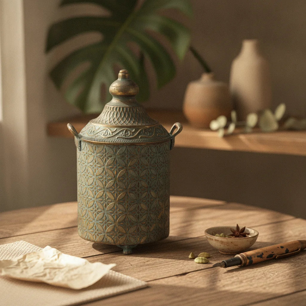 Patina Metal Lidded Vase with Handles | Sculptural Home Décor