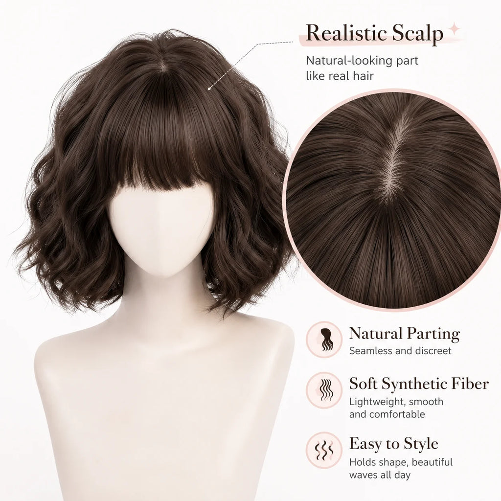 Short Wavy Bob Wig with Bangs – Synthetic Natural Scalp
