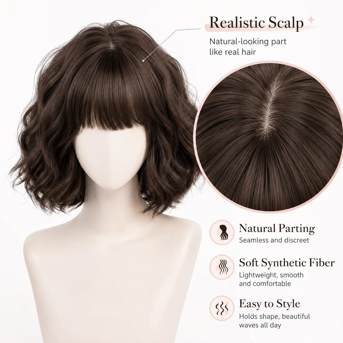 Short Wavy Bob Wig with Bangs – Synthetic Natural Scalp