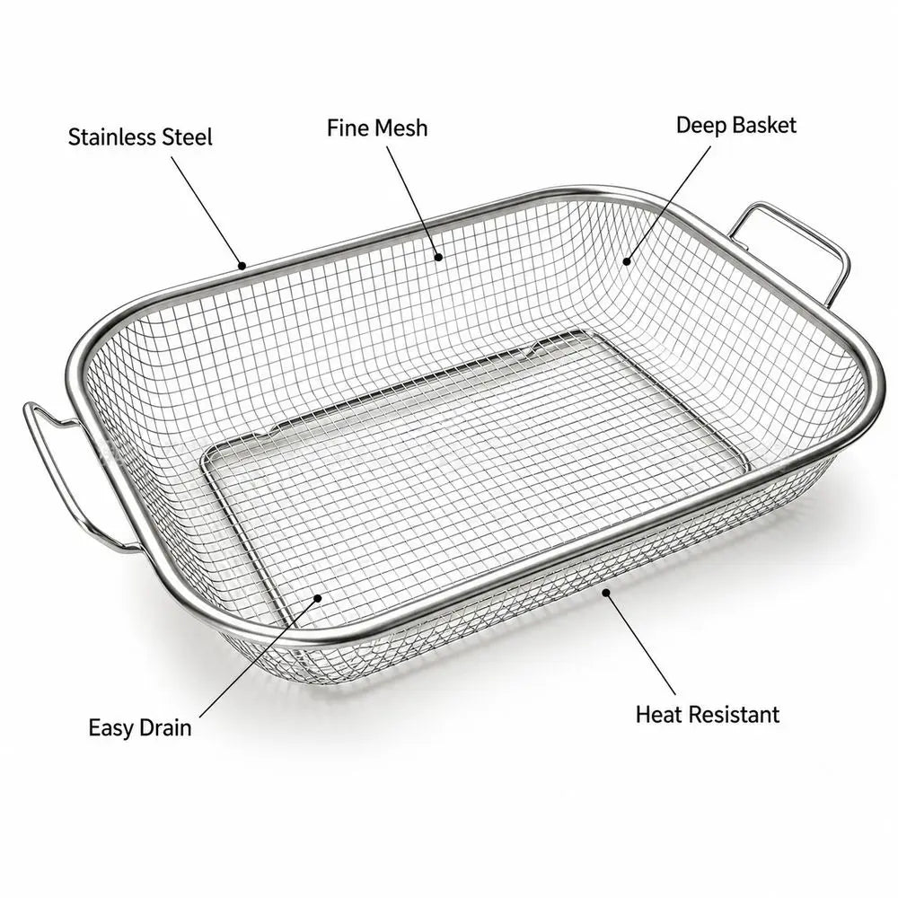 Stainless Steel BBQ Grill Basket | Fine Mesh, Built-In Handles