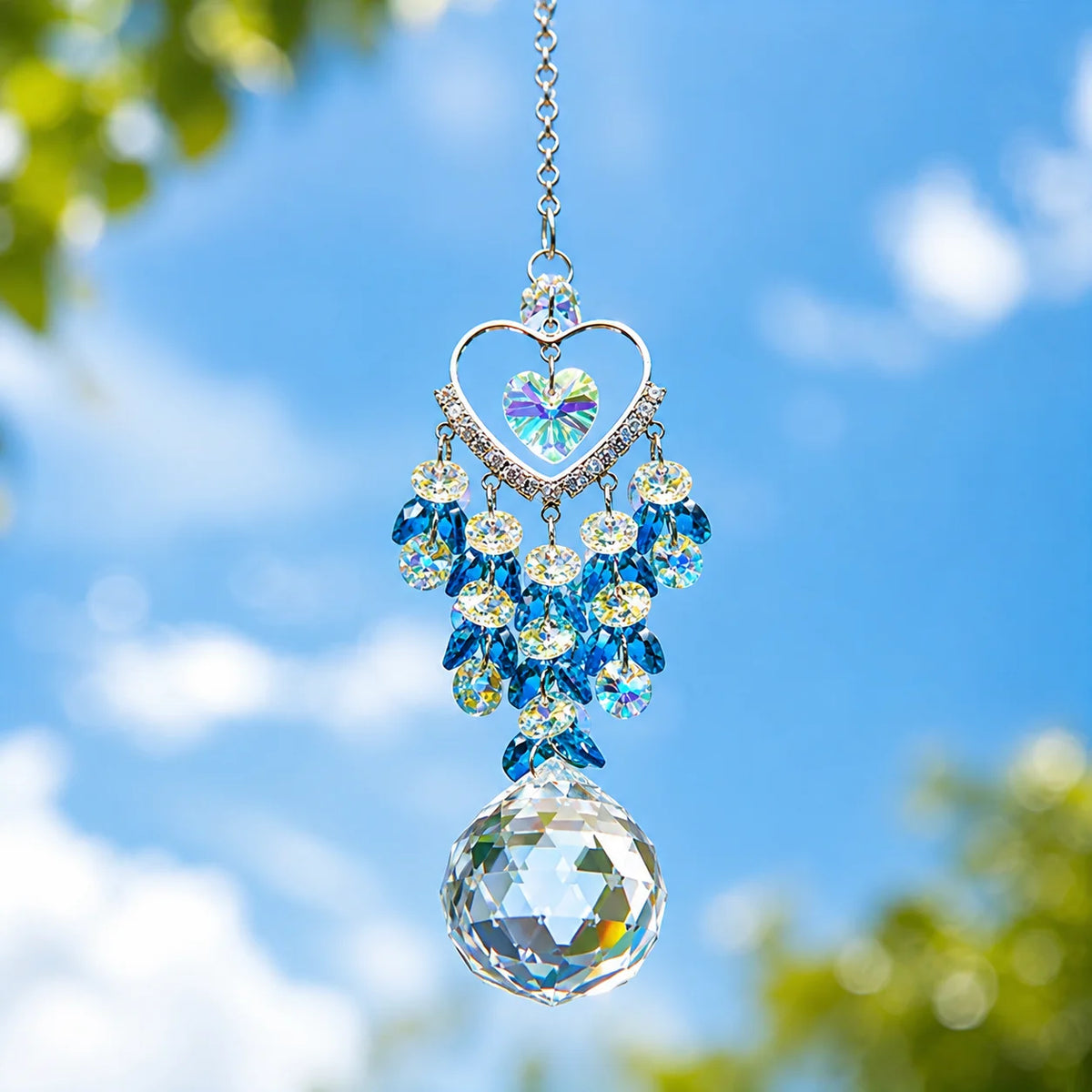 Heart Crystal Sun Catcher Hanging Prism Ornament – Blue Beads