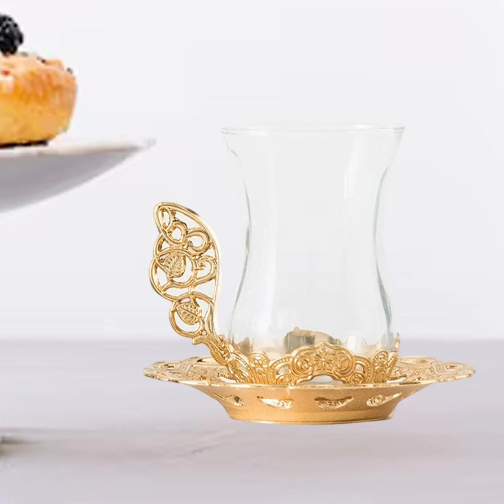 Flower Glass Tea Cup Set with Golden Saucer & Spoon