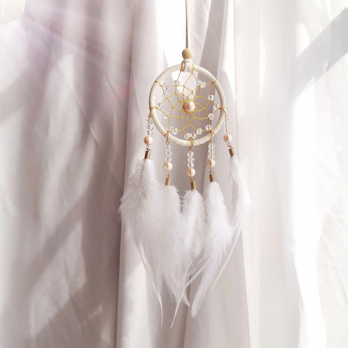 Boho Dream Catcher Ornament – Crystal Beads & Feathers Décor