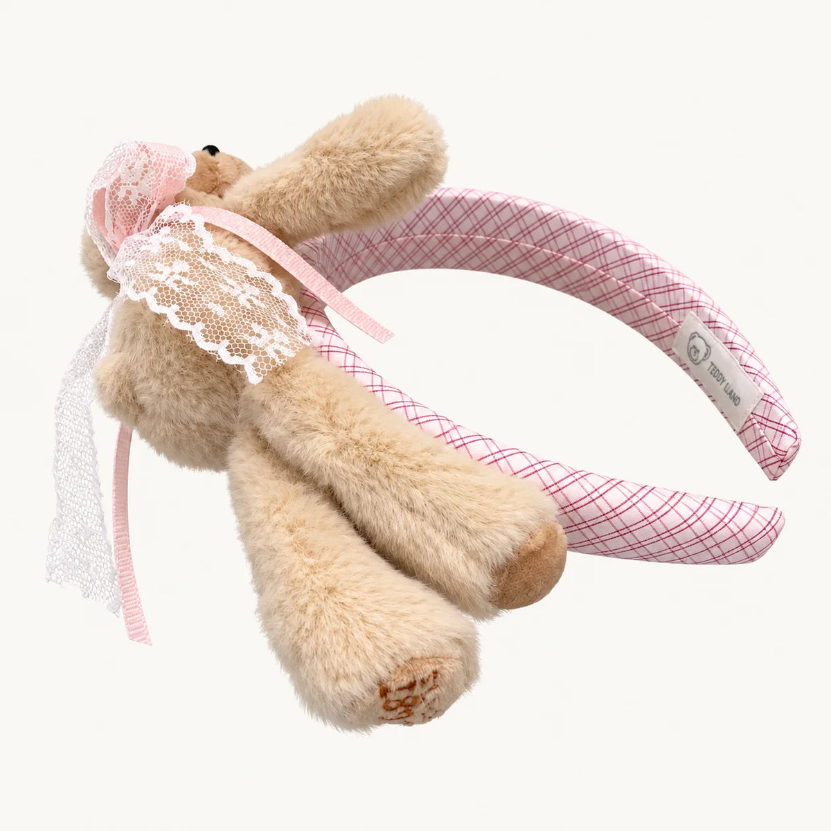 Plush Teddy Bear Headband – Plaid Hair Hoop with Lace Bow