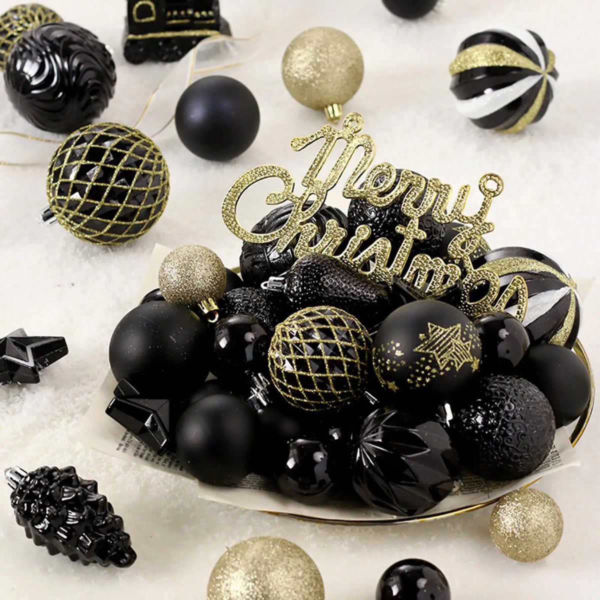 Black Gold Shatterproof Christmas Ball Ornaments – 65-Piece Set