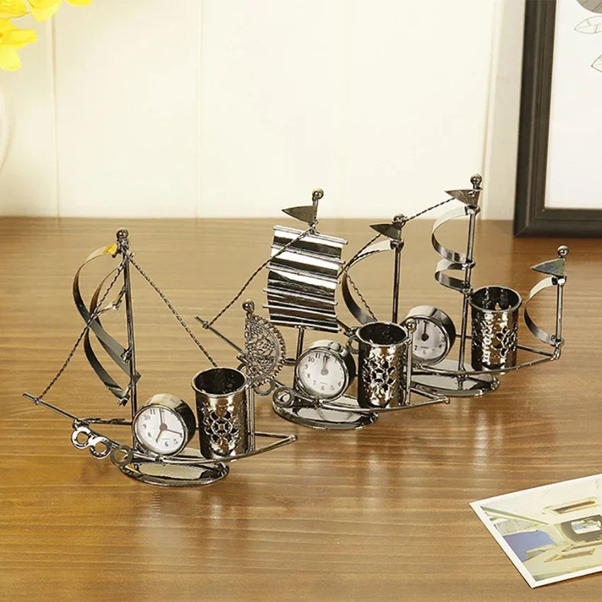 Sailboat Metal Pen Holder with Clock – Creative Desk Organizer