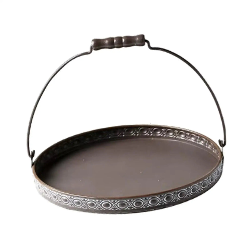 Antique Round Metal Serving Tray with Handles | Rustic Décor