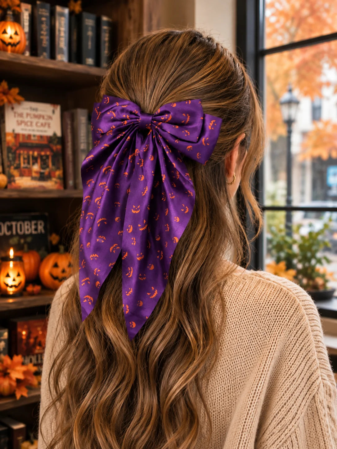 Halloween Satin Bow Hair Clip – Spider Web Pumpkin Barrette