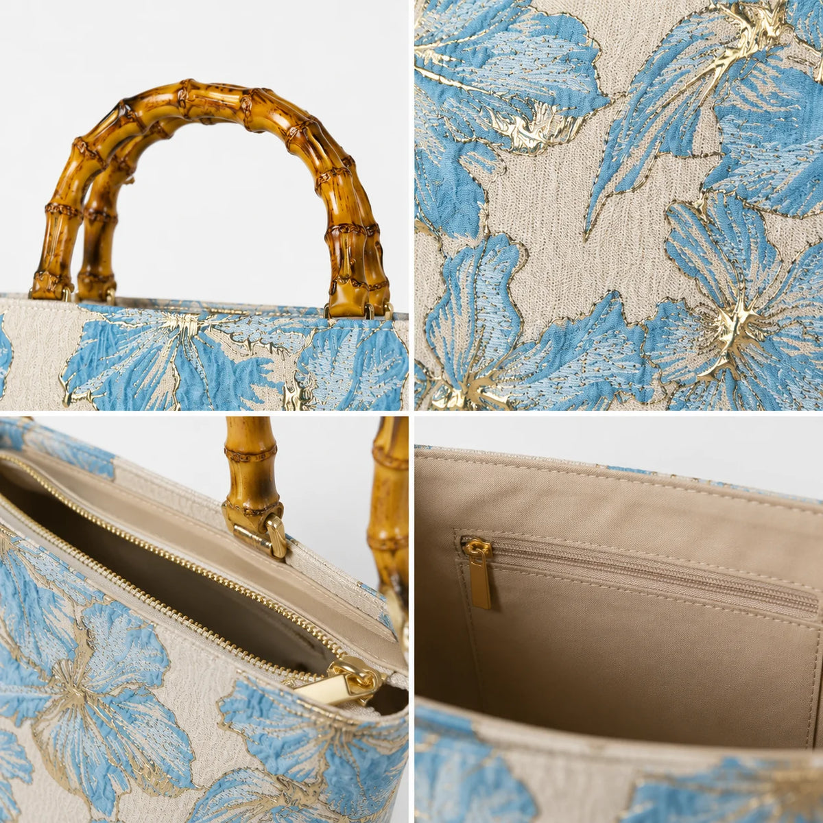 Women's Floral Tote Bag – Bamboo Handle Beach Shoulder Bag