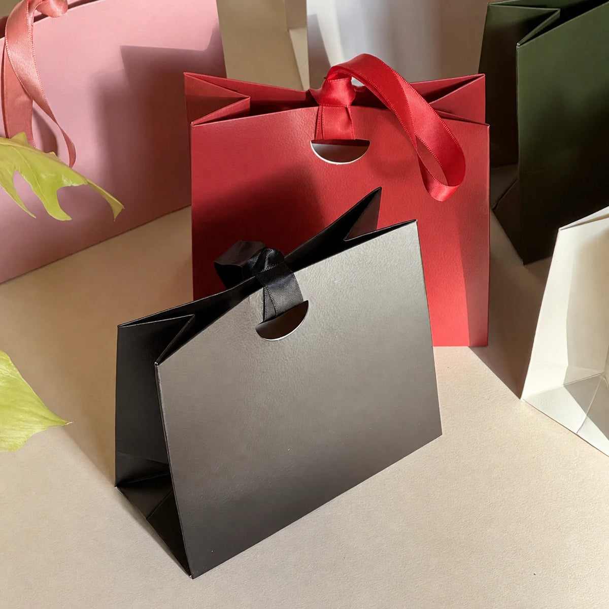 Solid Color Paper Gift Bag with Satin Ribbon Handle