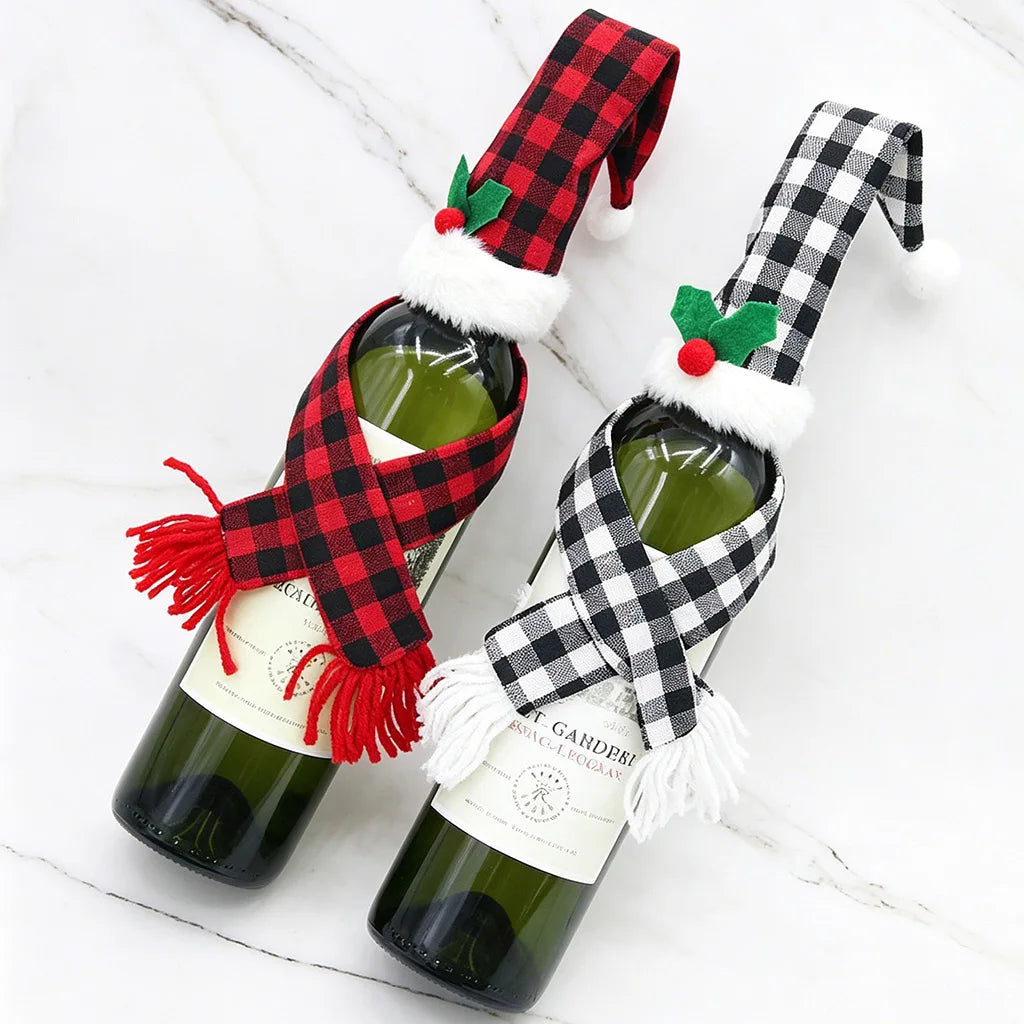 Christmas Plaid Wine Bottle Cover – Mini Scarf & Hat Set
