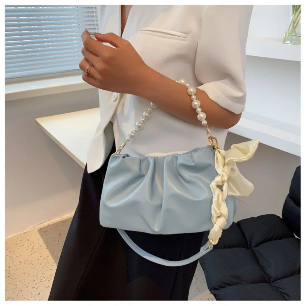 Pleated PU Leather Shoulder Bag with Pearl Detail | Women's Purse