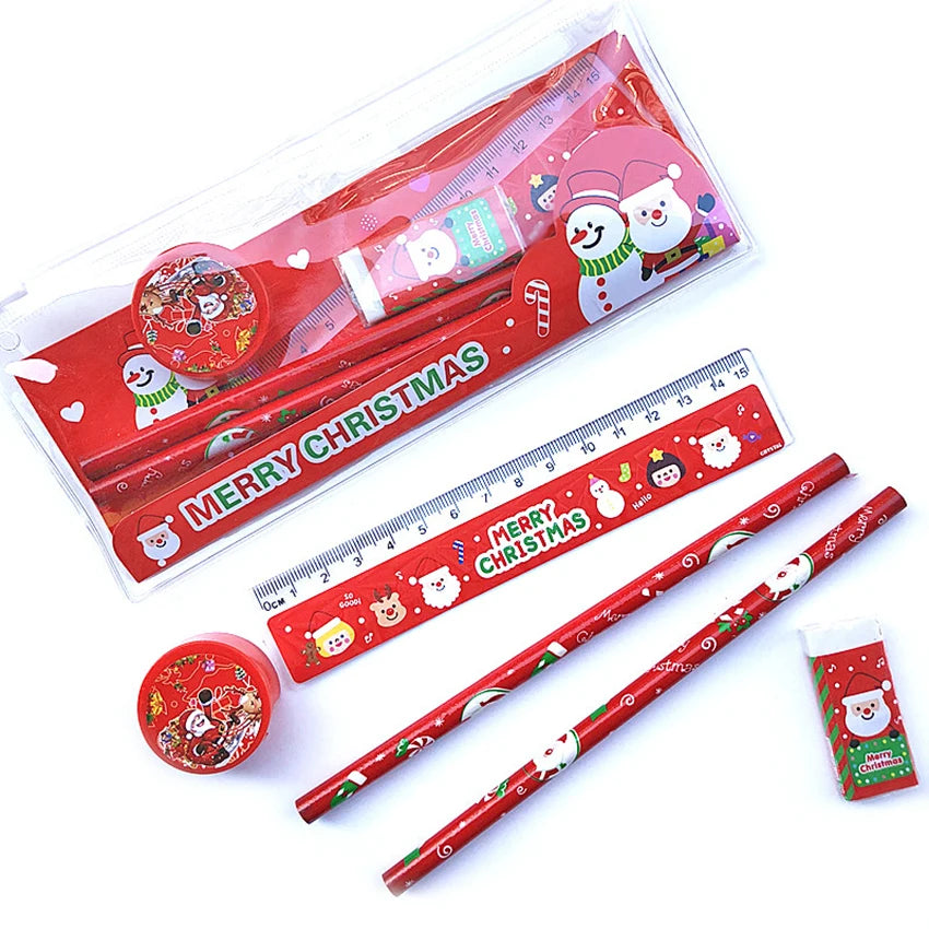 6-Piece Christmas Stationery Set – Pencil, Ruler, Eraser & Bag