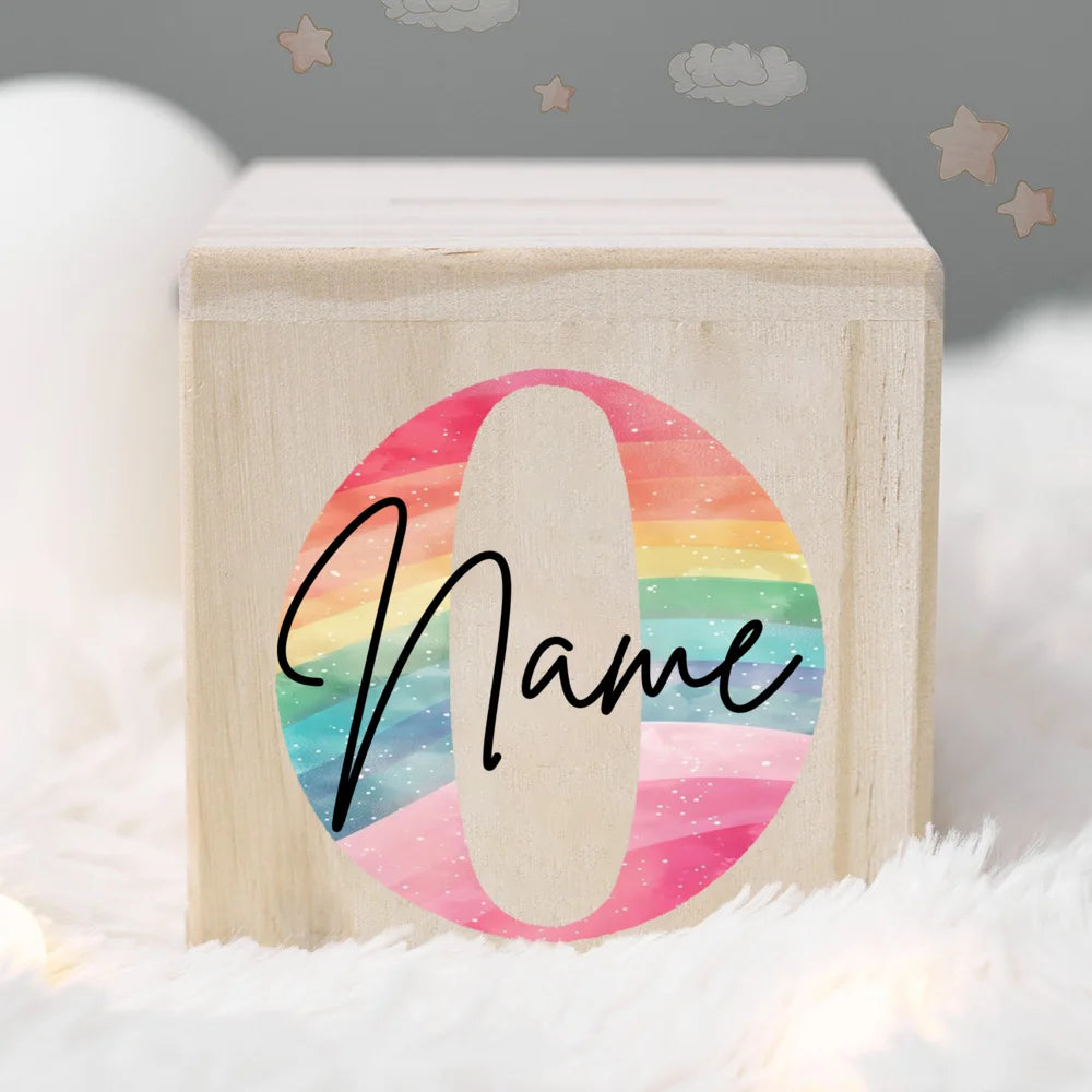Personalized Wooden Coin Bank – Rainbow Name Money Box for Kids