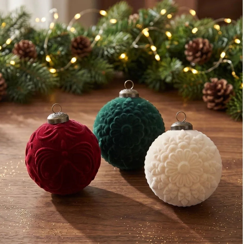 9-Piece Flocked Embossed Christmas Baubles Set – 8cm Ornaments