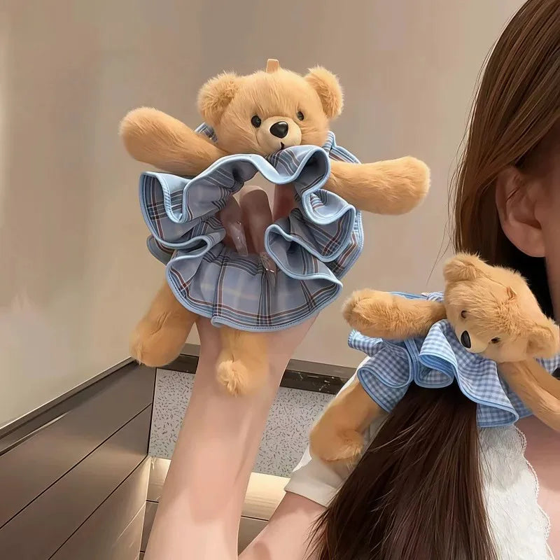 Plush Teddy Bear Plaid Scrunchie – Korean Style Hair Tie