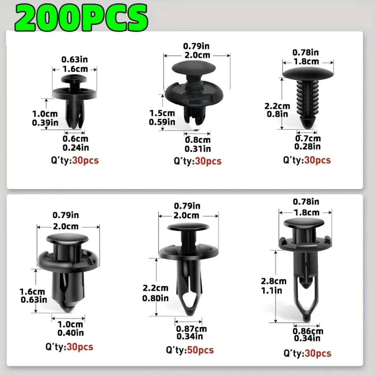 200pcs Car Bumper Push Rivet Clips 6–10mm Universal Mixed Set