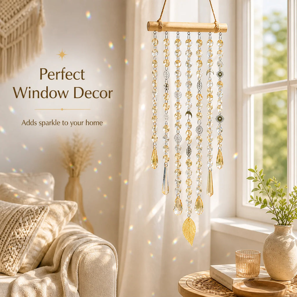 Boho Crystal Sun Catcher Hanging Decor – Sun Moon Leaf Charms