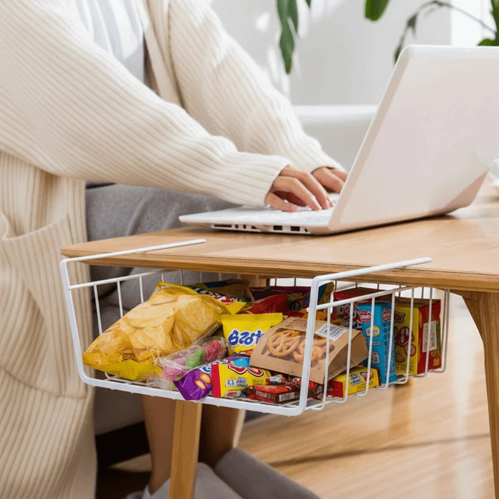 Under Table Storage Basket – Space-Saving Desk Organizer Rack