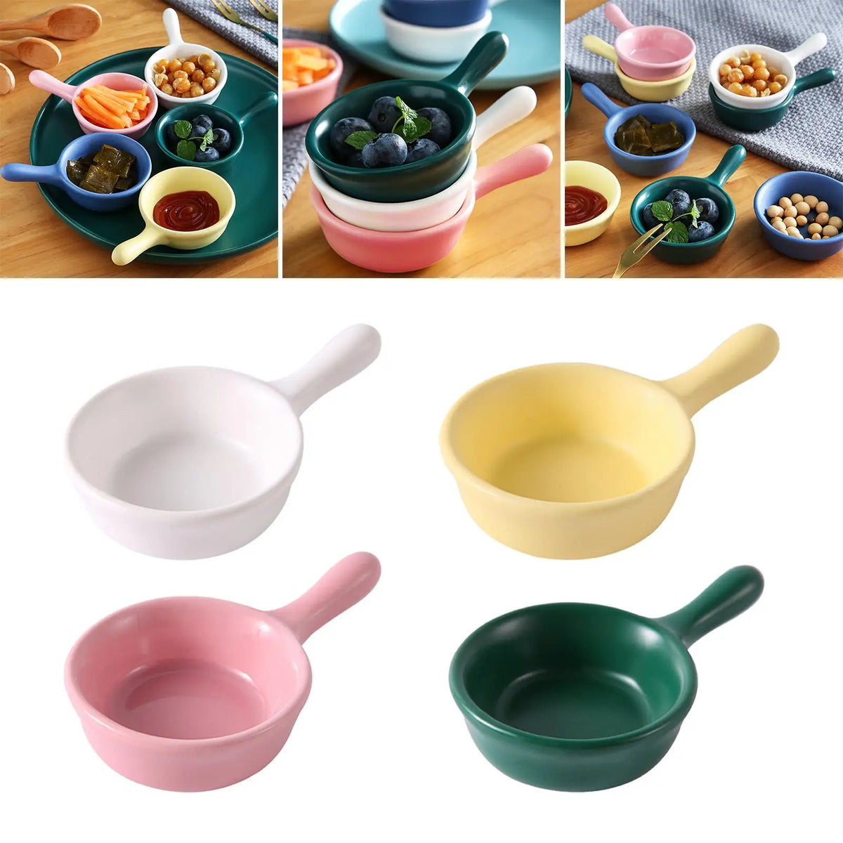 Ceramic Dipping Sauce Bowls with Handle – Set of 3 Stackable