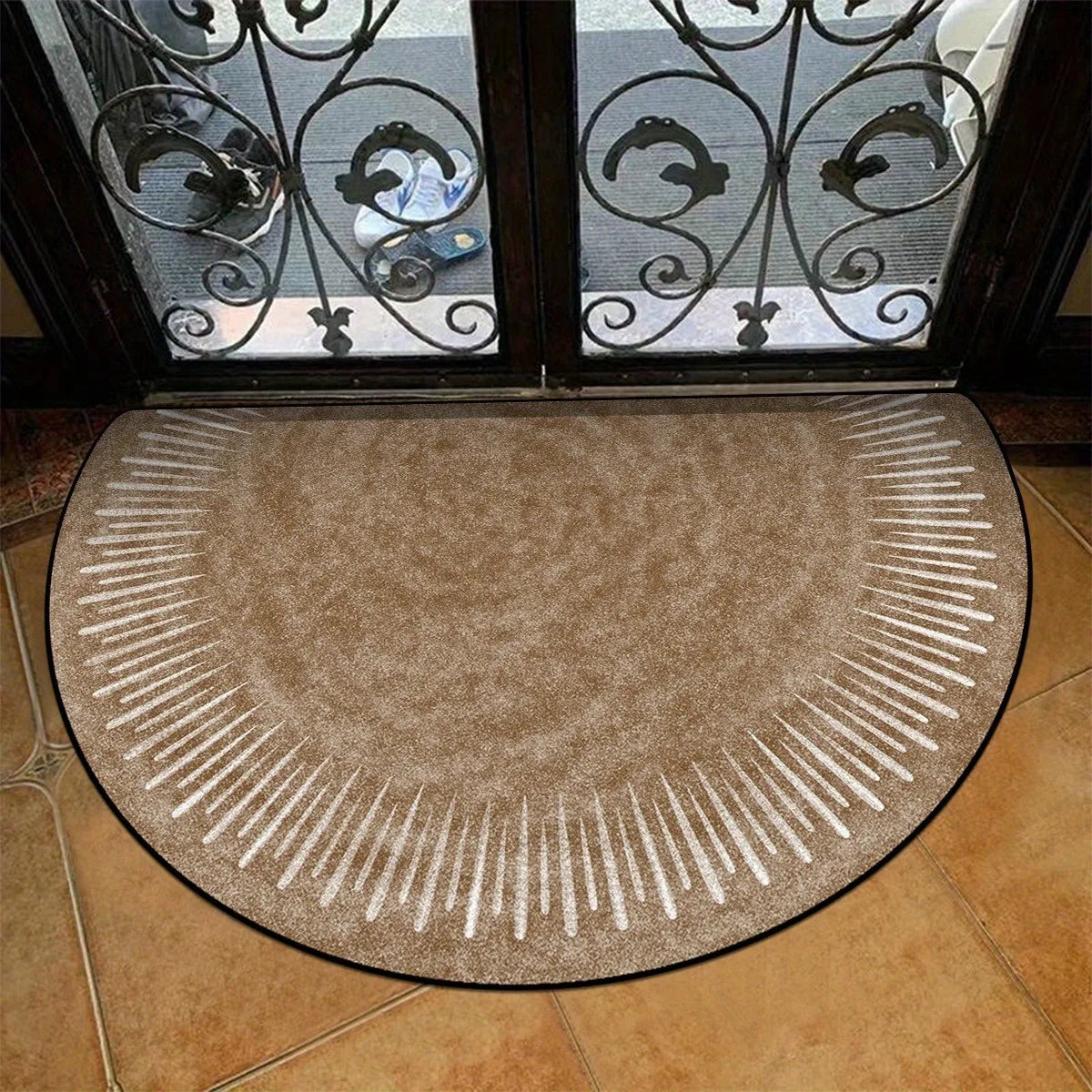 Vintage Brown Semi-Circular Doormat | Non-Slip & Washable