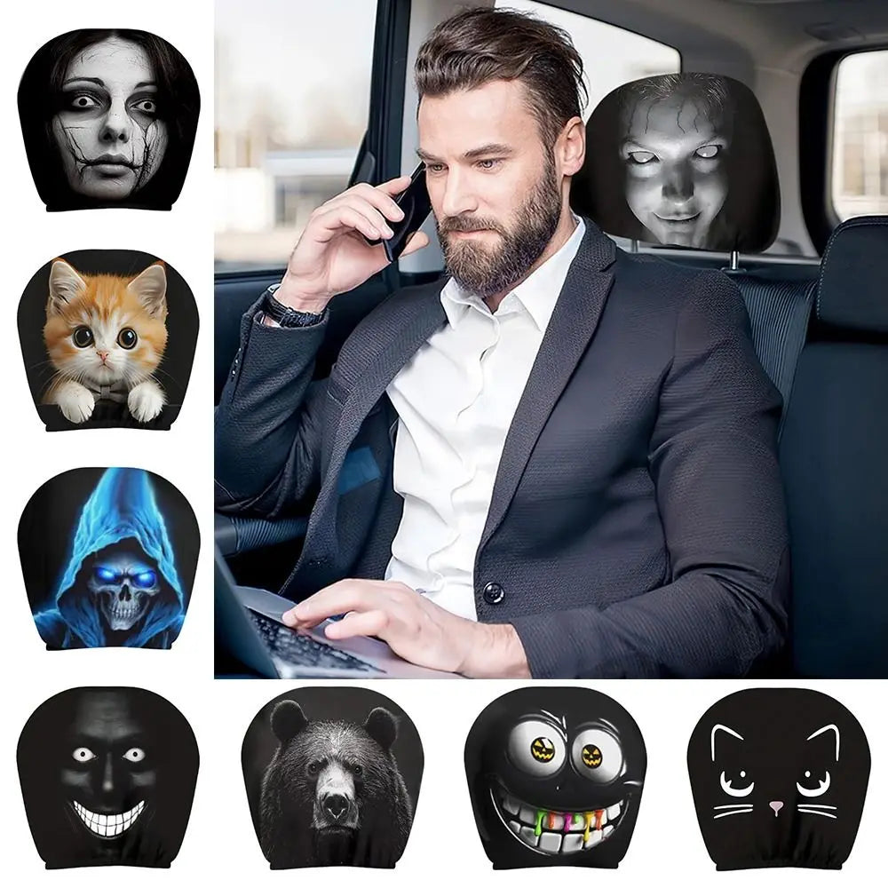 2-Pack Halloween Ghost Face Car Headrest Covers | Elastic Fit