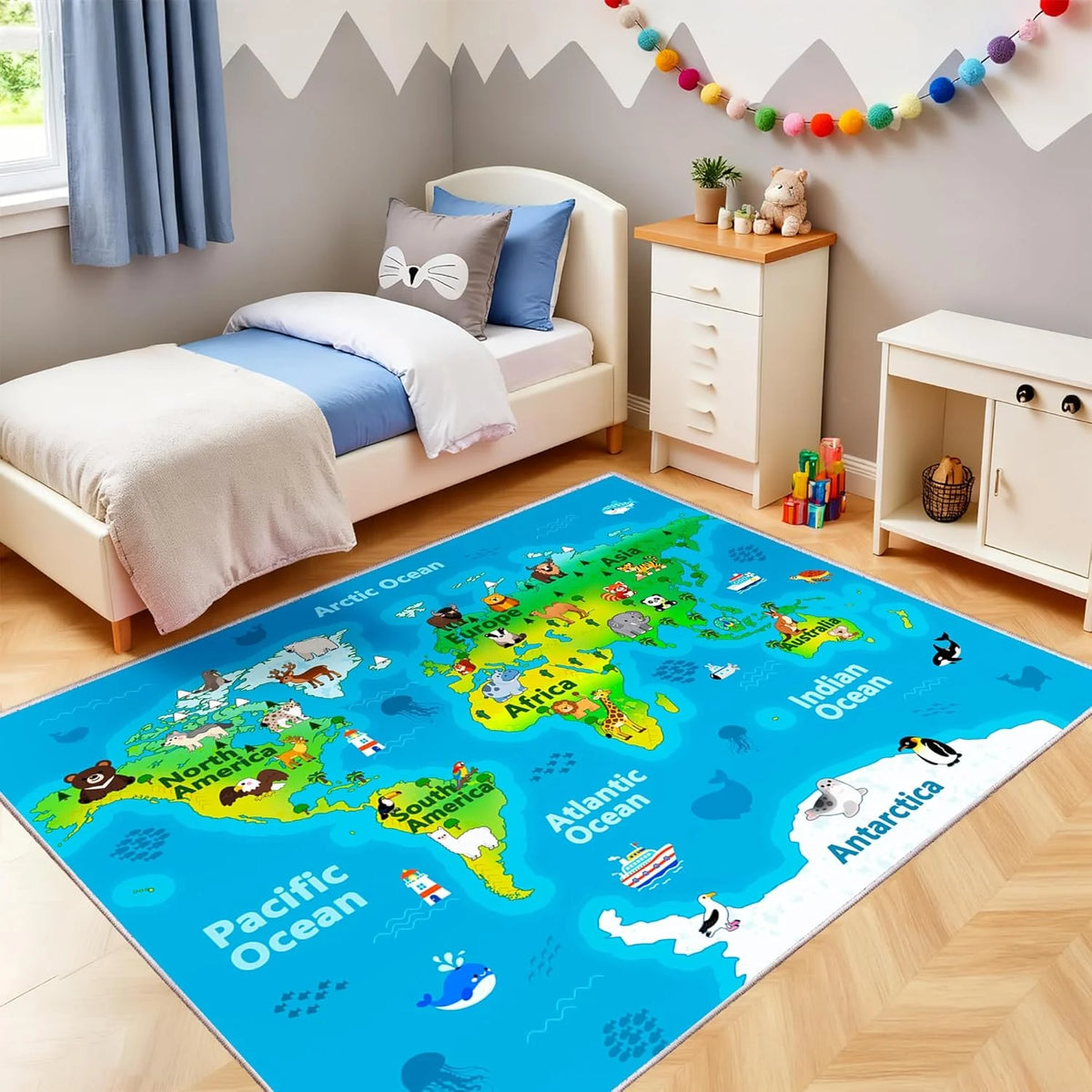 Kids World Map Play Rug – Cartoon Animals & Ocean Life Mat