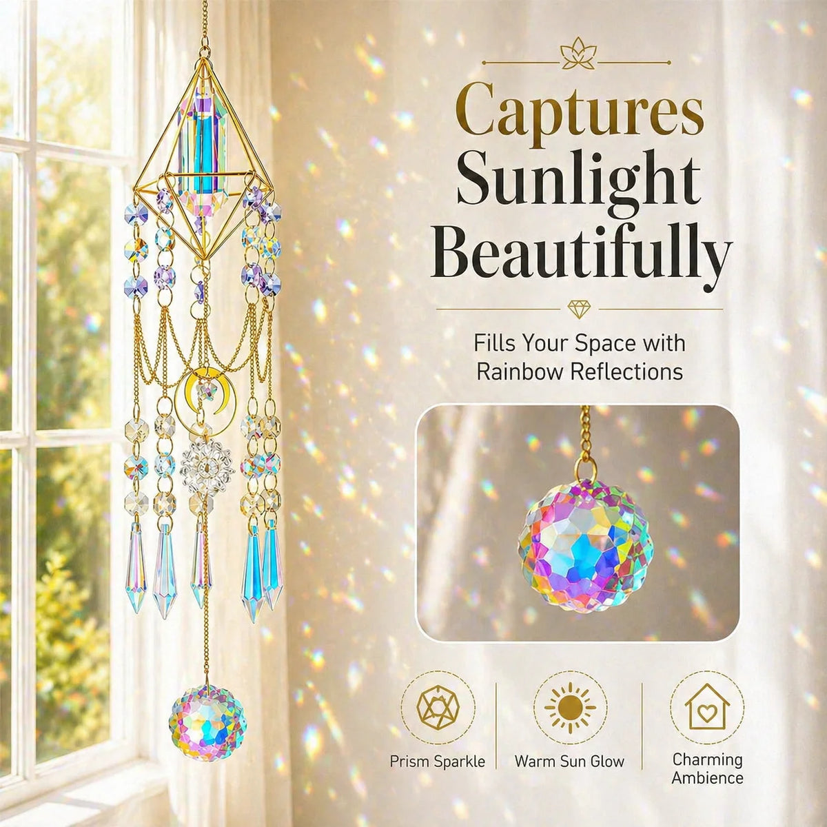 Crystal Prism Suncatcher – Gold Geometric Rainbow Window Decor