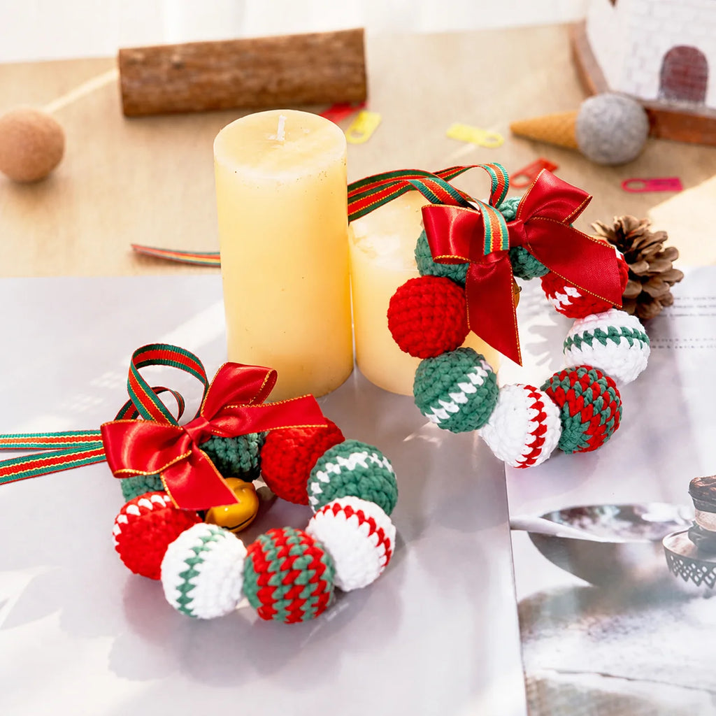 Handmade Crochet Christmas Pom Pom Wreath Keychain Ornament