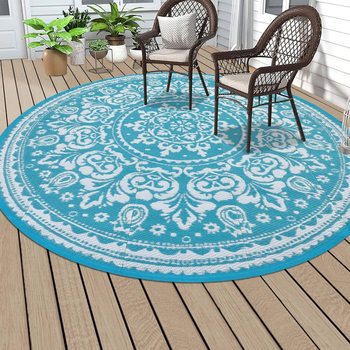 Round Outdoor Rug – Waterproof Anti-Slip Vintage Floral Mat
