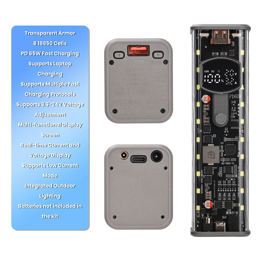 8×18650 DIY Power Bank Case | PD 65W Fast Charging Kit