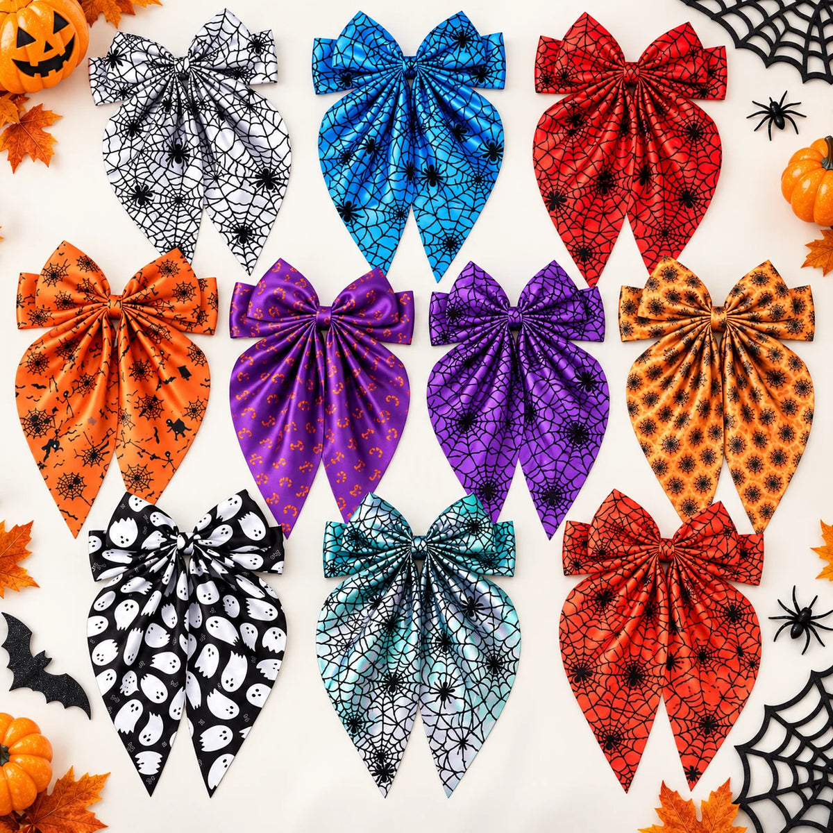 Halloween Satin Bow Hair Clip – Spider Web Pumpkin Barrette