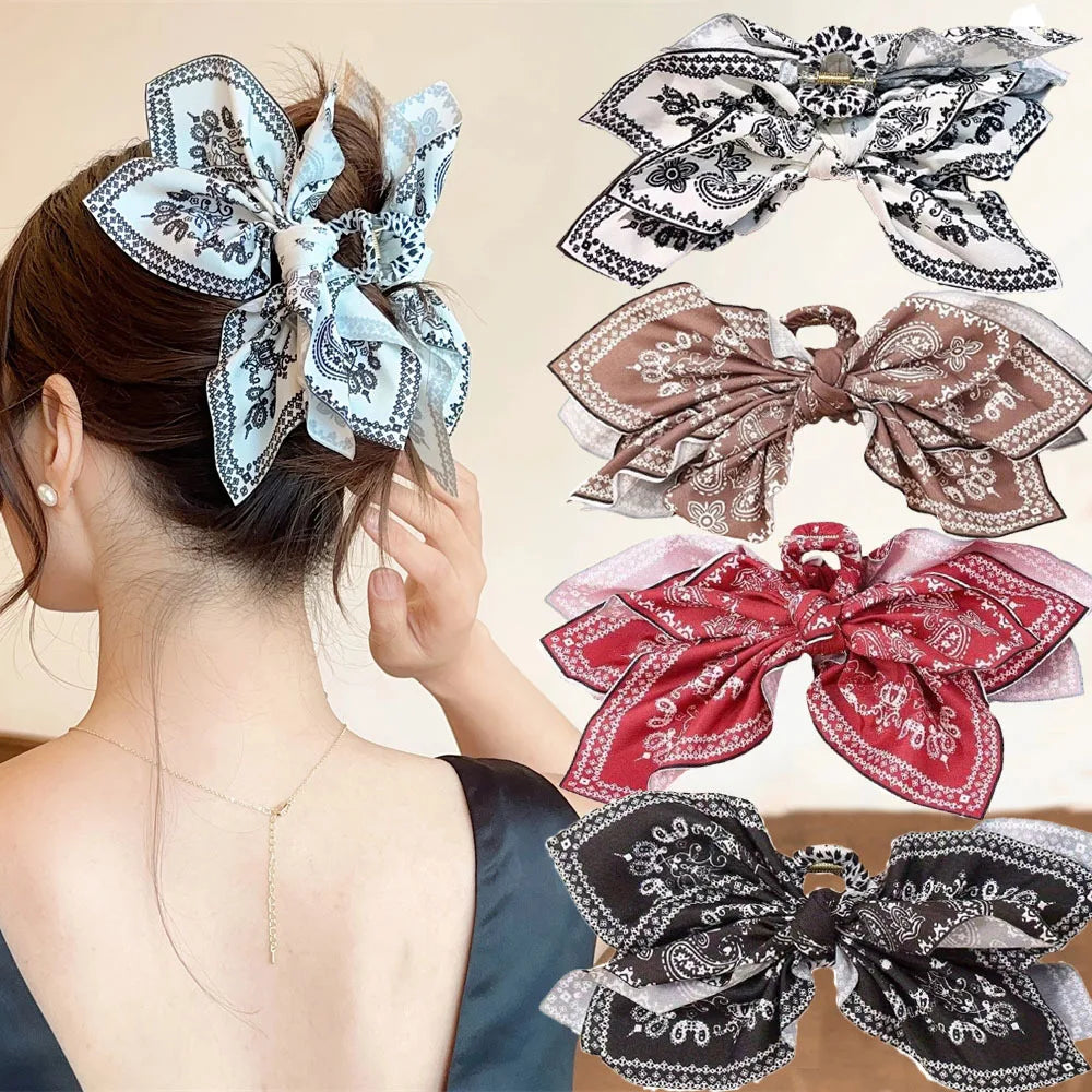 Double-Sided Cashew Flower Bow Shark Clip & Ponytail Headband